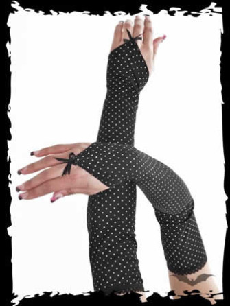  - White dots on long black fabric gloves