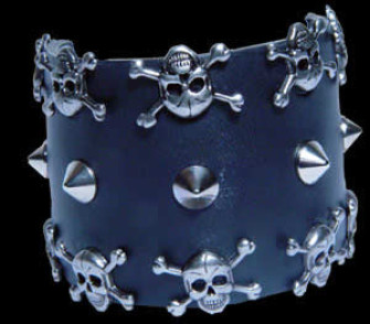  - 3 Row Skull and Conical black Leather Wristband